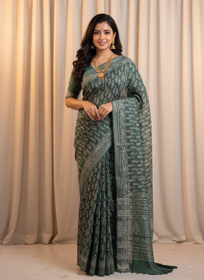 Hand Block Printed Linen Saree with Blouse